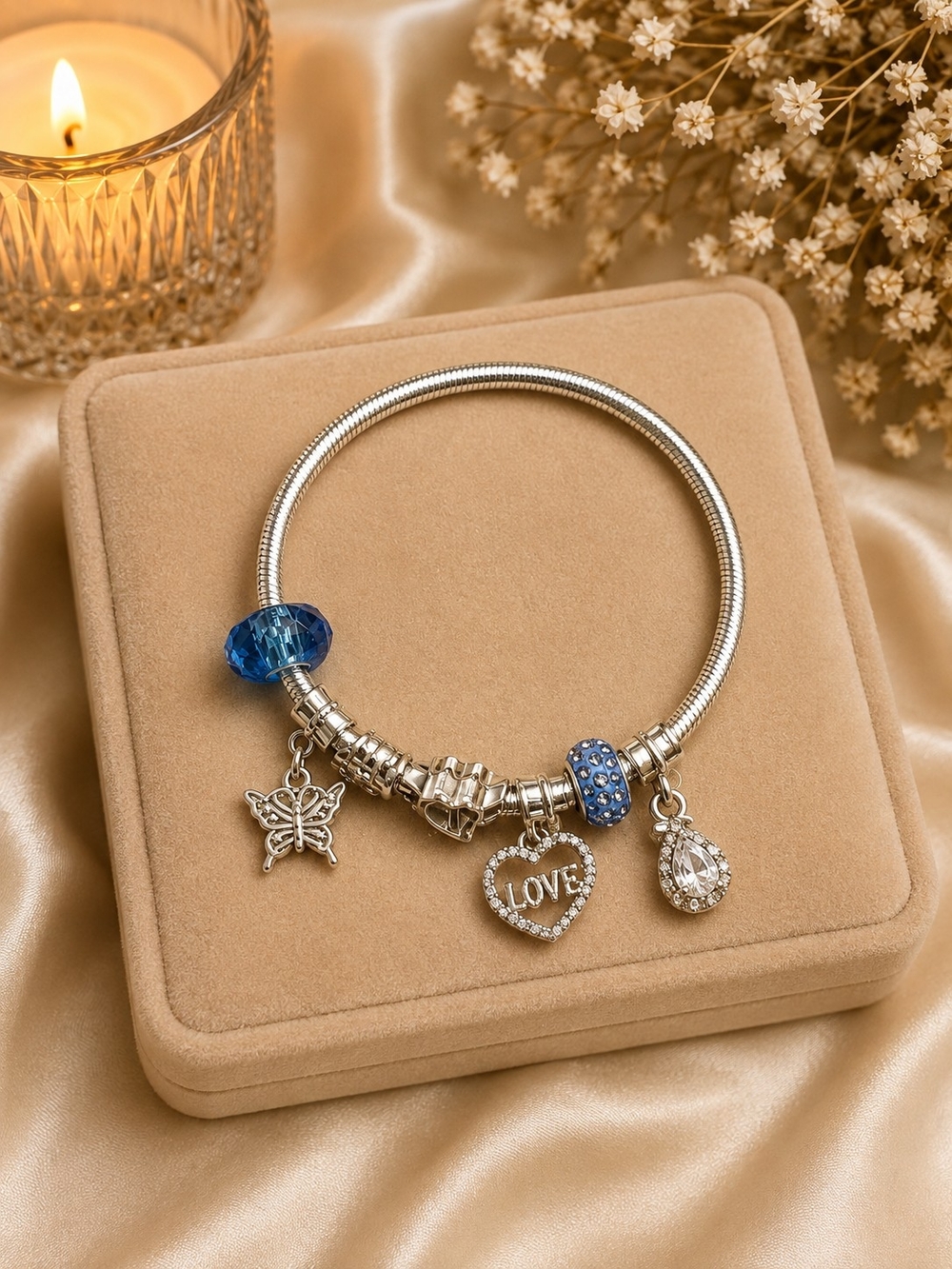 Blue Crystal Charm Bracelet with Heart 'LOVE' Pendant